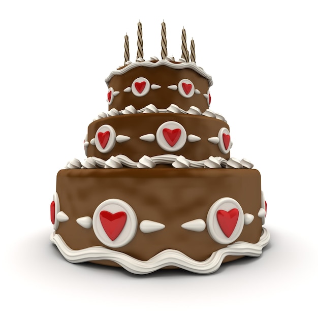 Representación XA3D de un impresionante pastel de chocolate de tres pisos con corazones rojos y velasxA