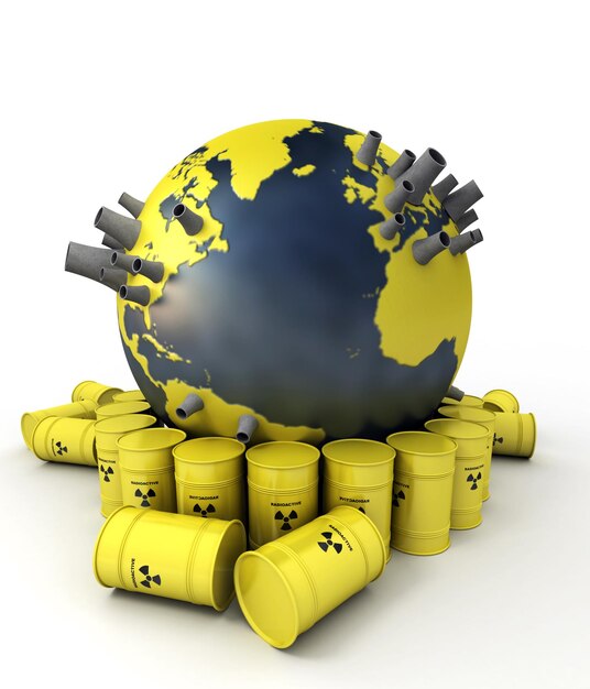 Representación XAxA3D de la Tierra con centrales nucleares rodeadas de barriles de desechos nuclearestexA
