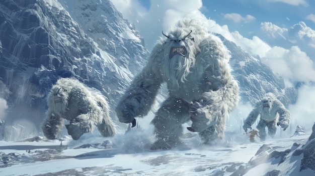 Representaciones en 3D de Yetis teniendo una pelea de bolas de nieve en el Himalaya