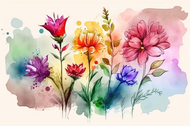 Representaciones artísticas de flores en una variedad de colores pintadas en acuarela.