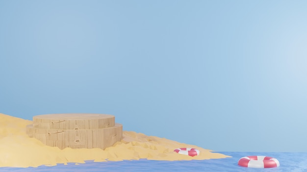 Representaciones de fondo 3D podio de madera junto a la playa con globos flotantes para productos de presentación tema de vacaciones de verano para páginas web de fondo s