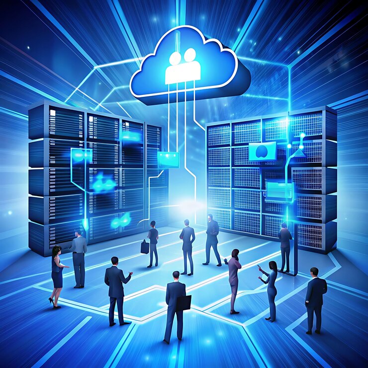 Foto representaciones de nubes de datos y servidores que destacan la tecnología de computación en nube