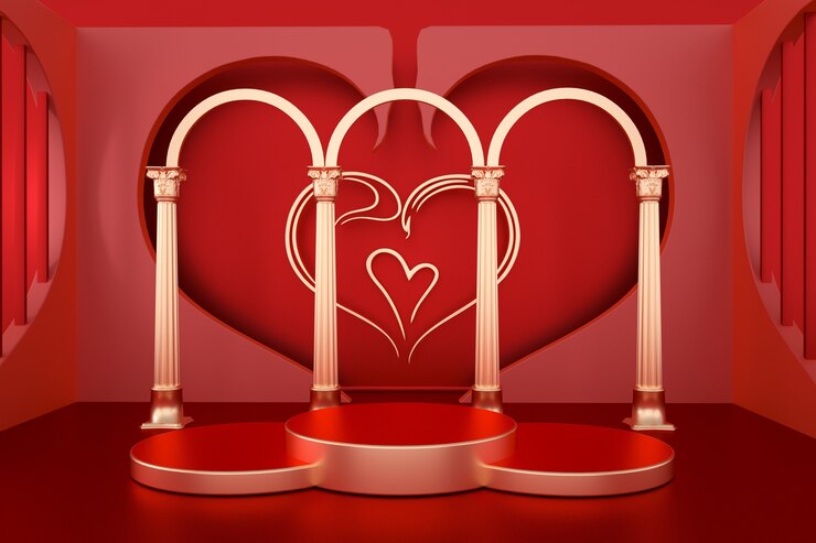 Representaciones rojas románticas 3d con podio circular para pantalla de simulación