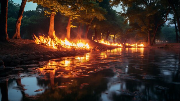 Foto representações românticas de fogo queimando em um rio em uma floresta