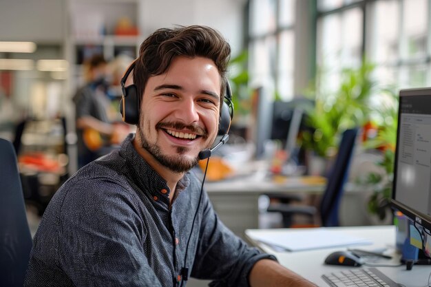 Representante alegre do serviço ao cliente no trabalho no escritório