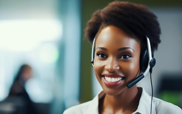 Representante de atendimento ao cliente afro-americano sorridente trabalhando com fone de ouvido no escritório