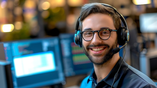 Foto representante de serviço ao cliente sorridente com fone de ouvido