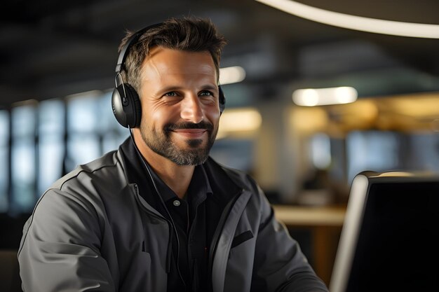 Representante de serviço ao cliente usando fones de ouvido e microfone enquanto trabalha no call center