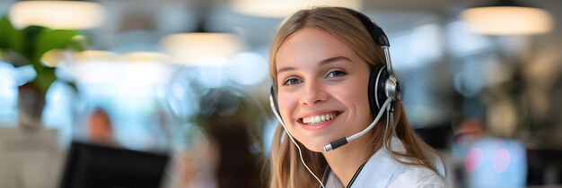 Foto representante de telemarketing sorridente que fornece serviço de qualidade