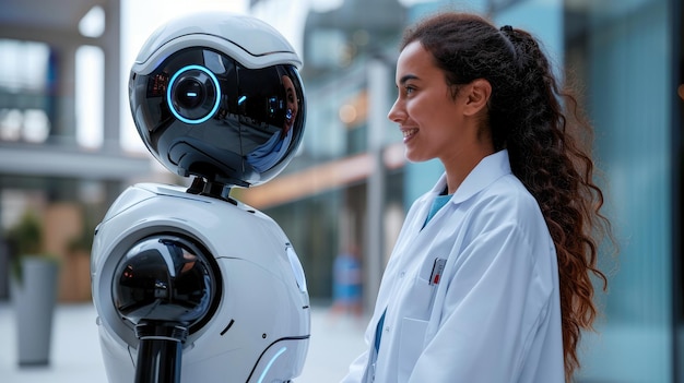 Foto representante médica interactúa con un robot