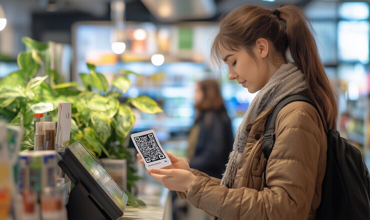 Foto un representante del mostrador de efectivo que muestra el código qr al cliente