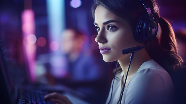 Representante profesional de servicio al cliente con auriculares en una oficina de un centro de llamadas