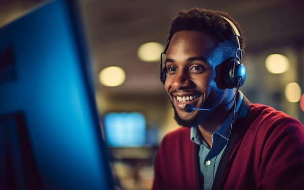 Representante de servicio al cliente masculino africano sonriente que trabaja con auriculares en la oficina frente a la computadora