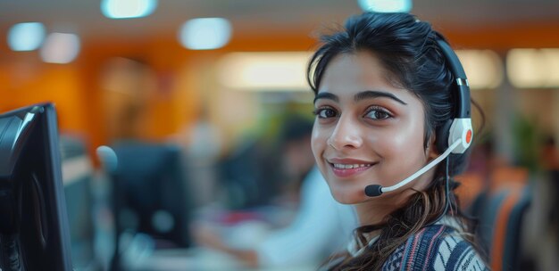 Representante de servicio al cliente sonriente usando auriculares en la oficina moderna