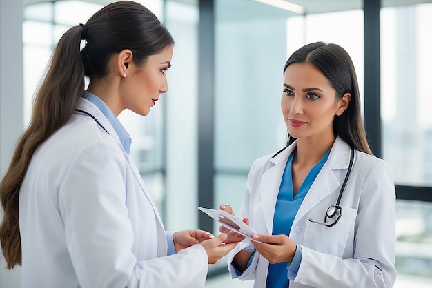 Representante de ventas farmacéuticas hablando con el médico en el edificio médico Ambitia representante de ventas femenina presentando nuevos medicamentos Mujer líder empresarial