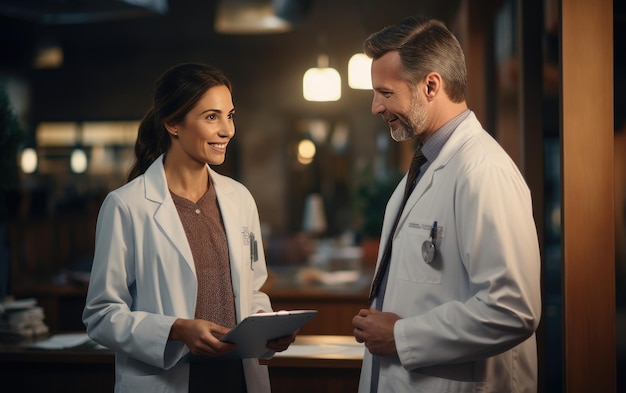 Representante de ventas médicas discutiendo productos con una doctora