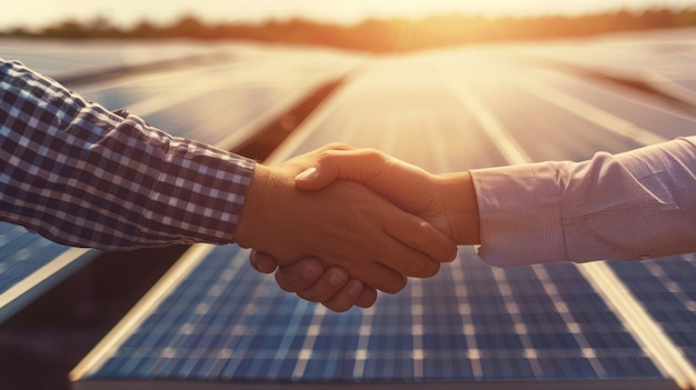 Foto representantes de empresas apertam a mão diante de uma extensão de painéis solares, significando alianças fomentadas para iniciativas verdes redução de carbono corporativa