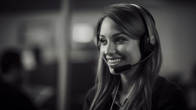 Representantes de servicio al cliente sonrientes con auriculares en un centro de llamadas en blanco y negro