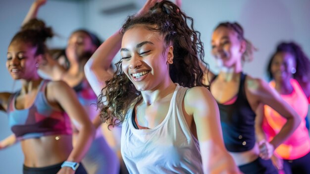 Representar una animada clase de fitness de baile donde jóvenes deportistas se sumergen en el ritmo y la energía de la música celebrando la alegría del movimiento y la fusión de ejercicio y danza