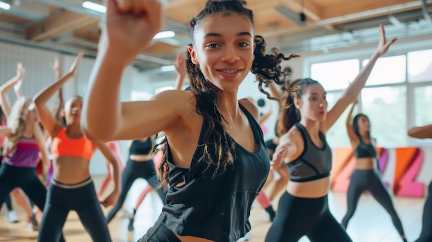 Representar una animada clase de fitness de baile donde jóvenes deportistas se sumergen en el ritmo y la energía de la música celebrando la alegría del movimiento y la fusión de ejercicio y danza