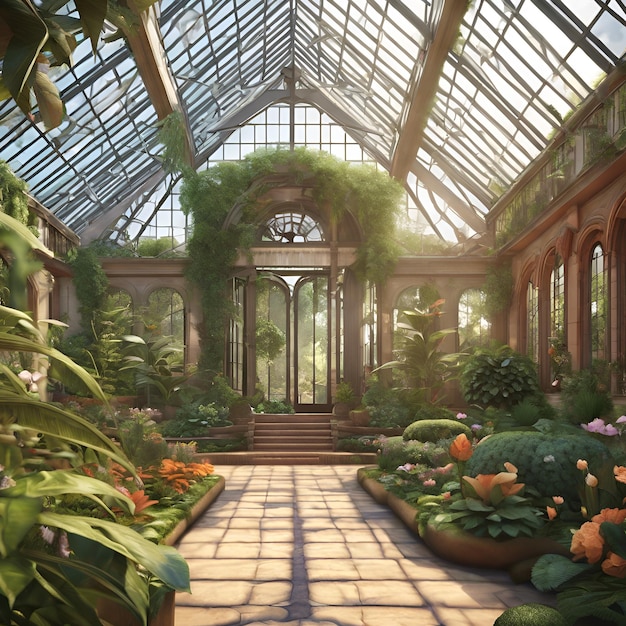 Representar la belleza arquitectónica de un jardín botánico histórico o conservatorio con plantas raras y