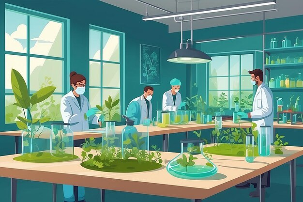 Representar un laboratorio de biología con estudiantes que llevan a cabo experimentos sobre los efectos ecológicos de los pesticidas