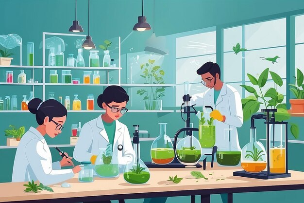 Representar un laboratorio de biología con estudiantes que llevan a cabo experimentos sobre los efectos ecológicos de los pesticidas