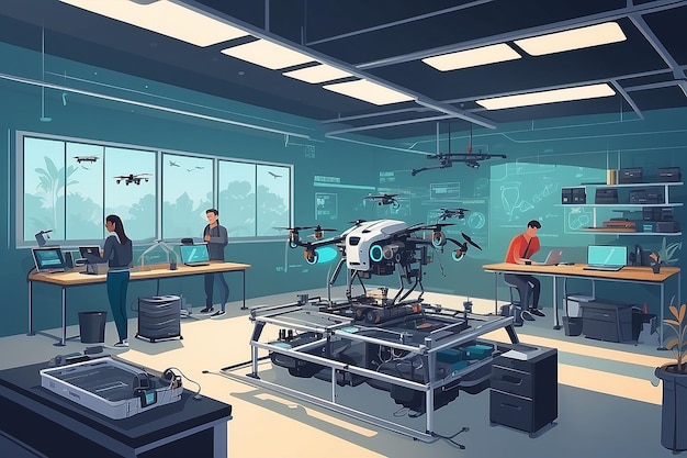 Representar um laboratório de robótica com estudantes desenvolvendo drones autônomos para monitoramento de vida selvagem ilustração vetorial em estilo plano