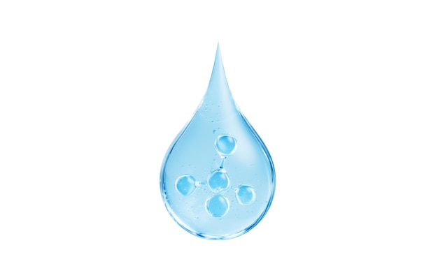 Reprodução 3D de gotas de água líquida azul e moléculas