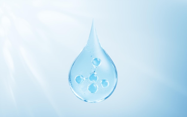 Reprodução 3D de gotas de água líquida azul e moléculas