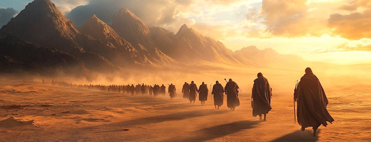 Foto reprodução cinematográfica de uma antiga grande migração ao nascer do sol em meio a montanhas escarpadas