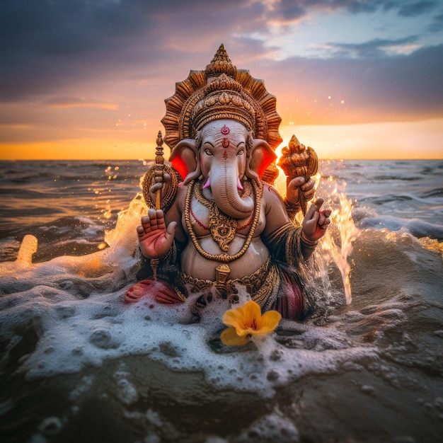 reproducción artística del dios indio ganesha en el mar generada por ai