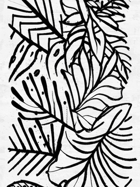 Reproducción de dibujo artístico de patrón floral de tinta en blanco y negro