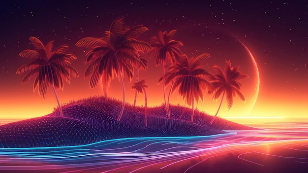 Reproducción de ondas sintéticas de una isla tropical con palmeras pixeladas ondas digitales