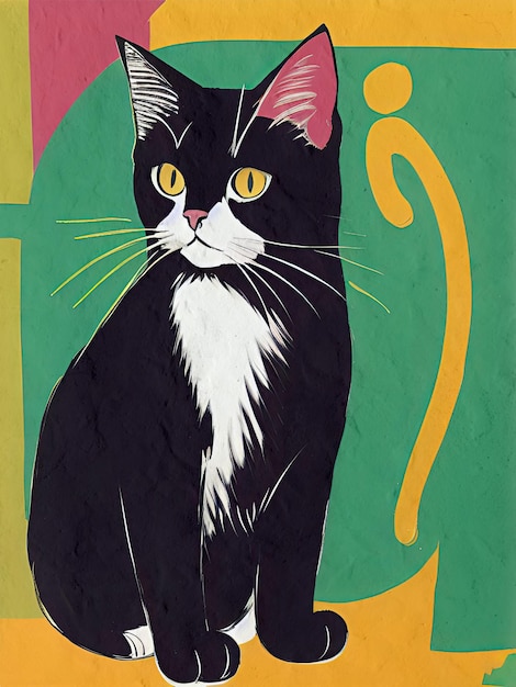 Reproducción de pintura de gato retro Ilustraciones de gatos artísticos coloridos Gato negro