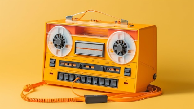 Un reproductor de casetes amarillo y naranja con auriculares.
