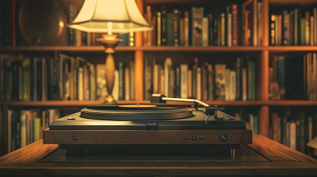 Reproductor de discos giratorio retro en la mesa de madera con fondo borroso de la biblioteca doméstica con luz de lámpara cálida