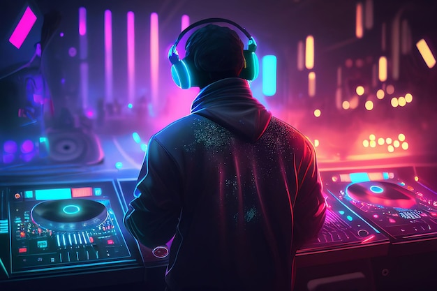 Reproductor de DJ mezclando audio de música electrónica en una fiesta en un club nocturno Creado con tecnología de IA generativa