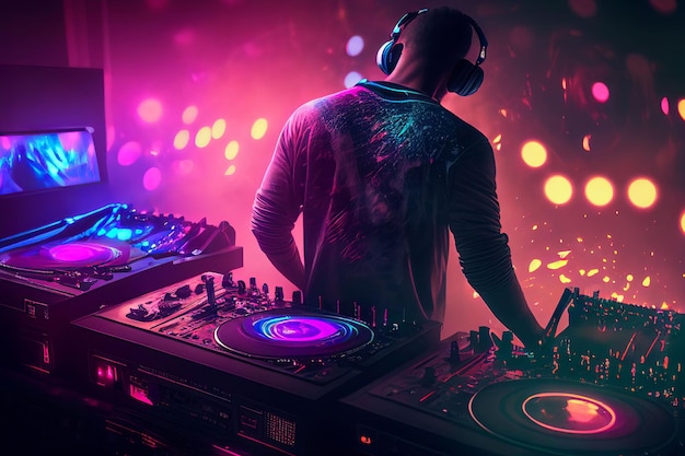 Reproductor de DJ mezclando audio de música electrónica en una fiesta en un club nocturno Creado con tecnología de IA generativa