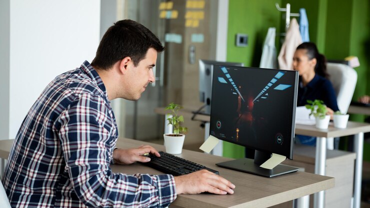 Foto reproductor de videojuegos en la oficina moderna. concentra la pantalla