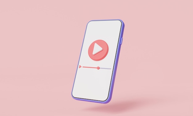 Reprodutor de vídeo do telefone móvel streaming de filme streaming de vídeo e vlog mídia social multimídia digital Vídeo on-line Marketing digital e conceito de vídeo móvel Ilustração de renderização mínima em 3d