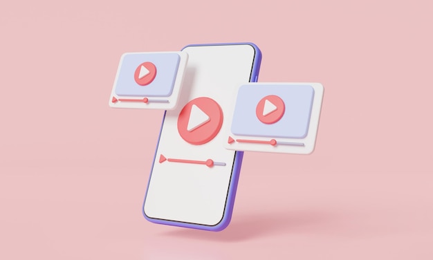 Reproduzindo vídeo com janelas on-line de canal de vídeo no celular Reprodutor multimídia digital de transmissão ao vivo, ganhando dinheiro Marketing de vídeo Conceito de vídeo on-line desenho animado mínimo ilustração de renderização em 3d