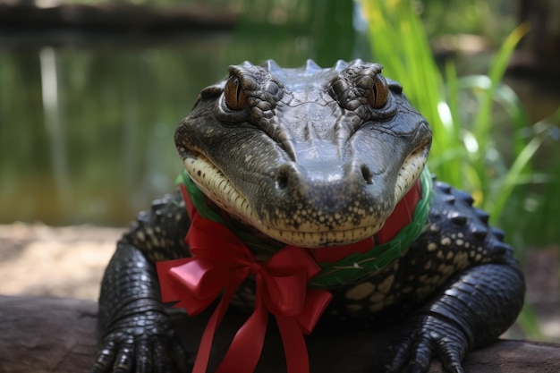 Un reptil con un lazo rojo.