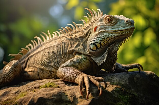 Un reptil de tamaño considerable se relaja sobre una piedra resistente en su entorno natural. Una iguana tomando el sol en un terreno rocoso. Generada por IA.