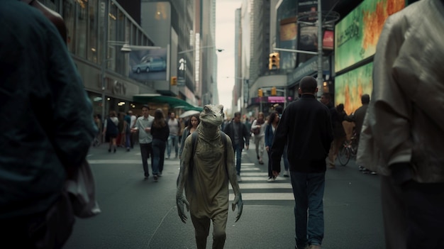 Reptiliano en la calle de Nueva York entrando en el equipo