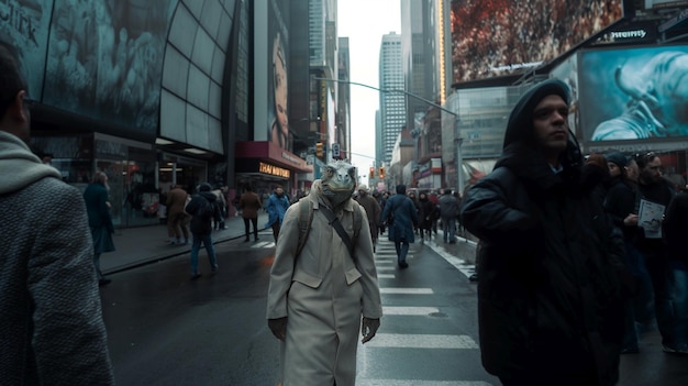 Reptiliano en la calle de Nueva York entrando en el equipo