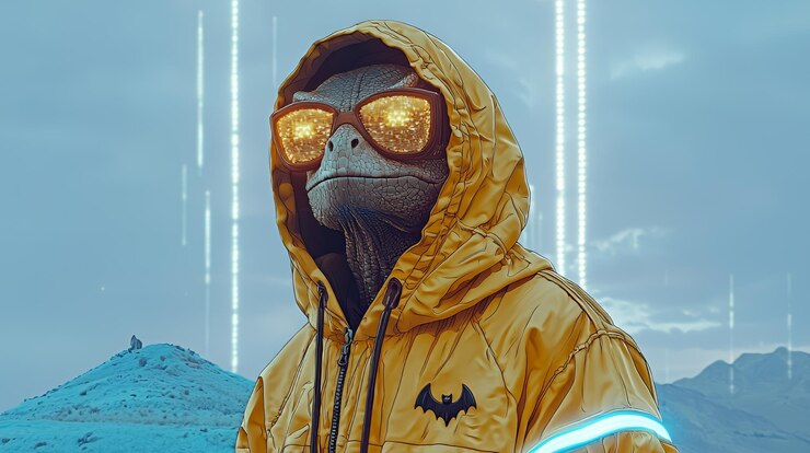 Foto reptiliano com um capuz amarelo e óculos de sol futuristas