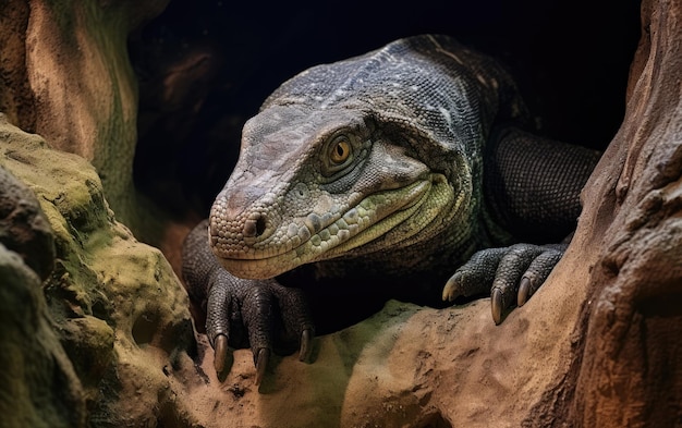 Reptilienmajestätischer Komodowaran in seinem Versteck Generative KI