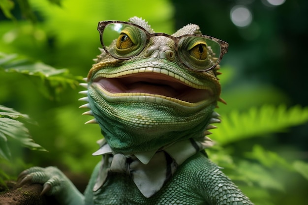 Reptilios de primer plano vida silvestre iguana lagarto gafas retrato a escala animal verde IA generativa