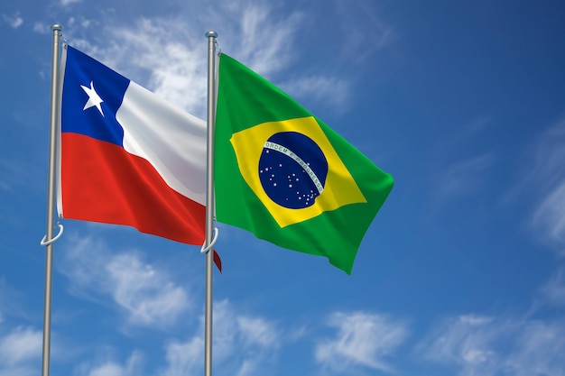 Foto república de chile y república federativa de brasil banderas sobre fondo de cielo azul ilustración 3d